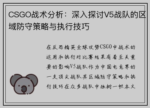 CSGO战术分析：深入探讨V5战队的区域防守策略与执行技巧