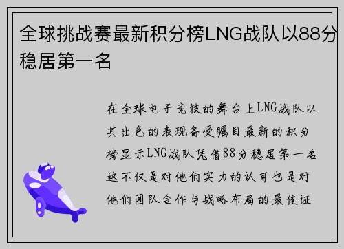 全球挑战赛最新积分榜LNG战队以88分稳居第一名